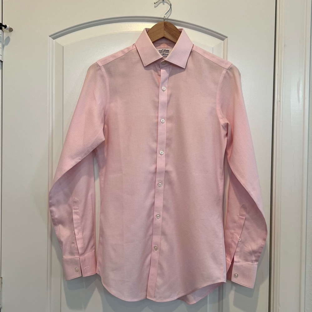 T.M.Lewin - Men’s Dress Shirt - Super Fitted - 14.5/33.5 - Pink Check - Non-Iron